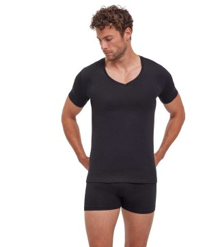 Cămașă Cu Mânecă Scurtă Barbati Falke 2-Pack T-Shirt V-neck Daily Comfort Negrii | 8395NHACU