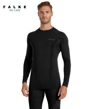 Long Sleeve T-Shirts Barbati Falke Long sleeve shirt Wool-Tech Negrii | 6327DWJEO